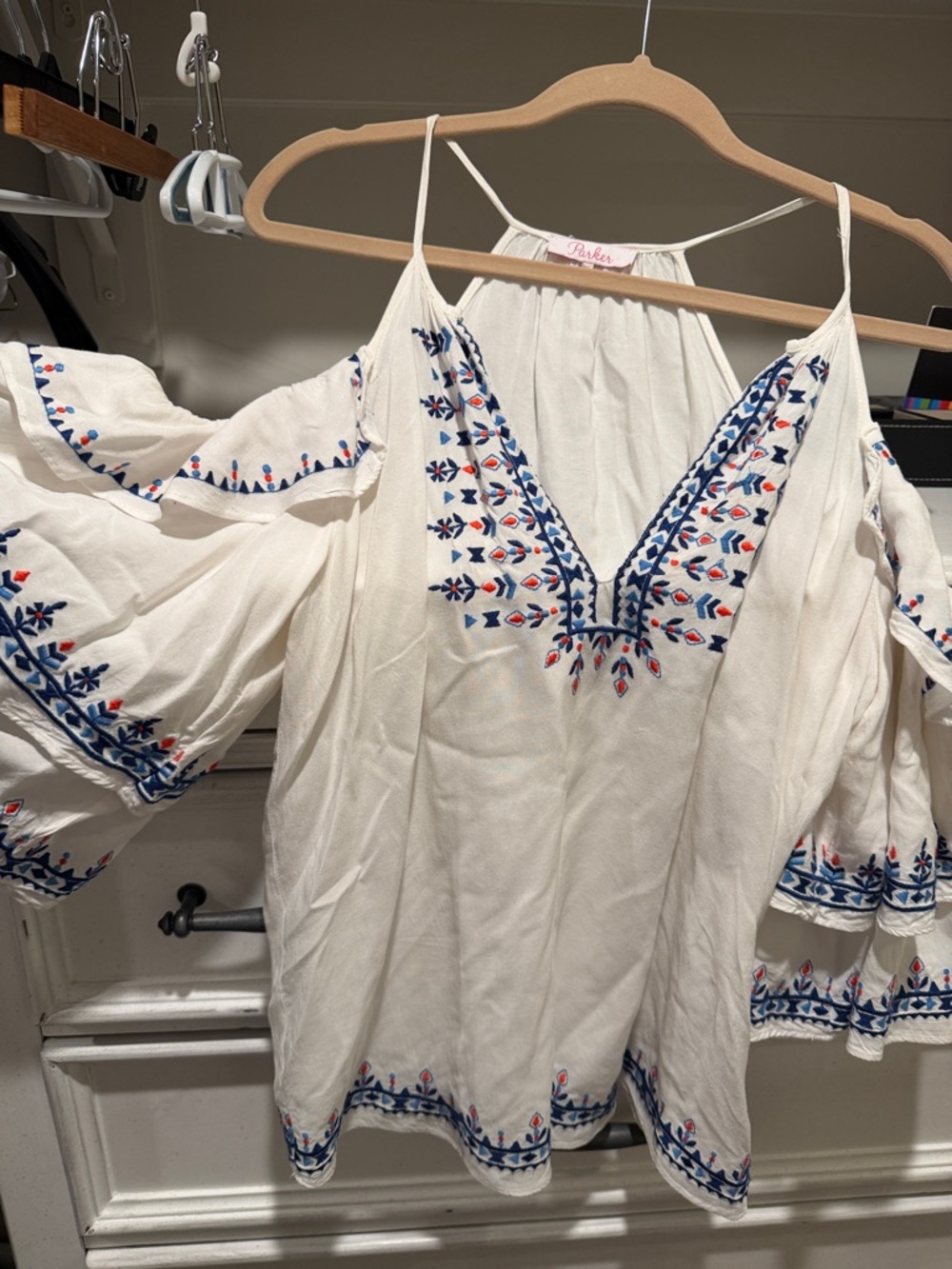 Parker White Cold-Shoulder Top with Blue and Red Embroidery